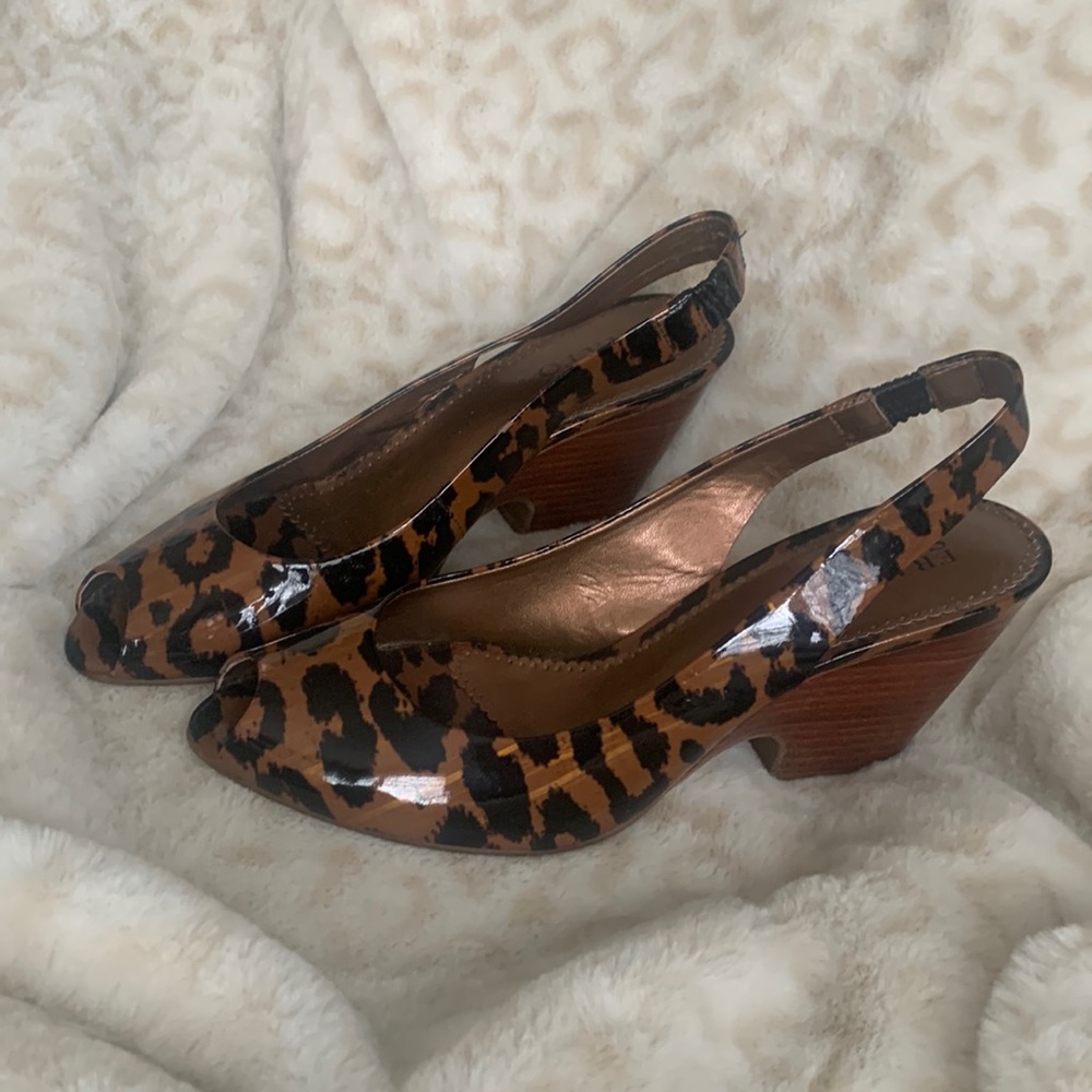 Franco Sarto Harlow Patent Leopard Print Peep Toe Wedge Slingback